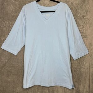 D&Co Essentials 1X Shirt Top Blue Solid 3/4 Sleeve V Neck Cotton Stretch Knit